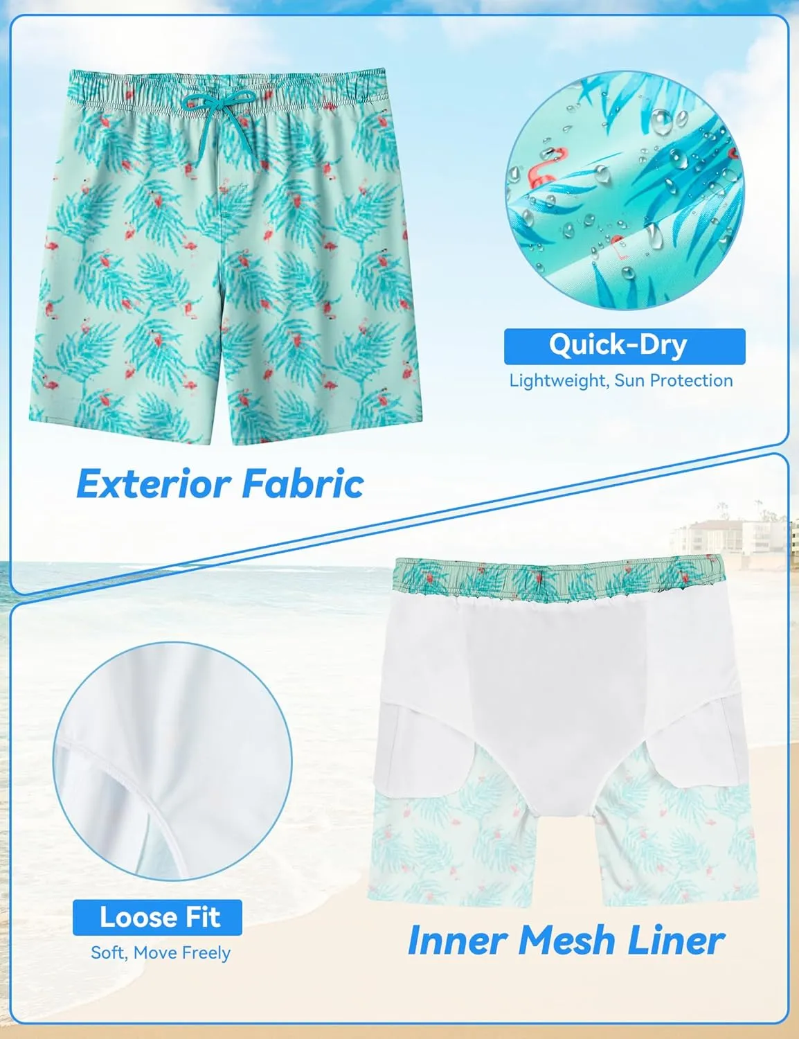 Boys Swim Trunks Quick-Dry w/Ultra Soft Jersey Lining Premium Eco Material UPF 50 