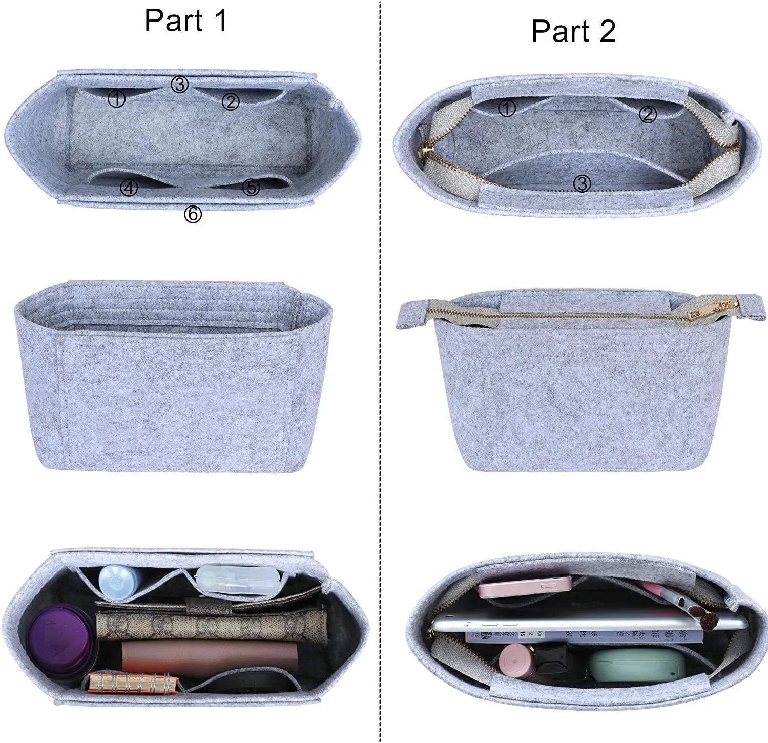 HyFanStr Felt Insert Bag Organizer with Zipper, Small Handbag Purse Organizer Tote Liner Pouch for Women, 2 Piece Set 