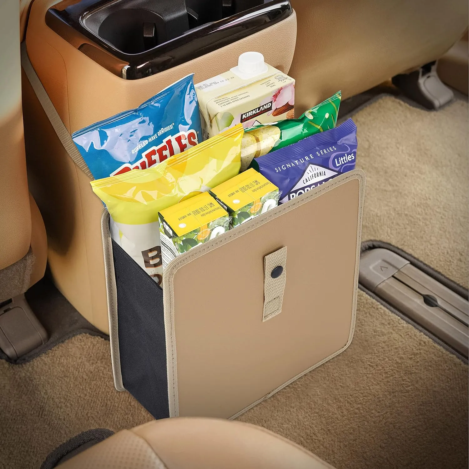 KMMOTORS Jopps Premium Car Trash Can  Foldable Bin with Strap, PU Leather & Oxford, Waterproof, Space-Saving, Simple Modern Design, Mounts on Headrest, Console, Gear Shift (Large, Beige)