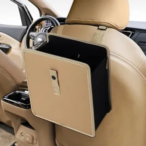 KMMOTORS Jopps Premium Car Trash Can  Foldable Bin with Strap, PU Leather & Oxford, Waterproof, Space-Saving, Simple Modern Design, Mounts on Headrest, Console, Gear Shift (Large, Beige)
