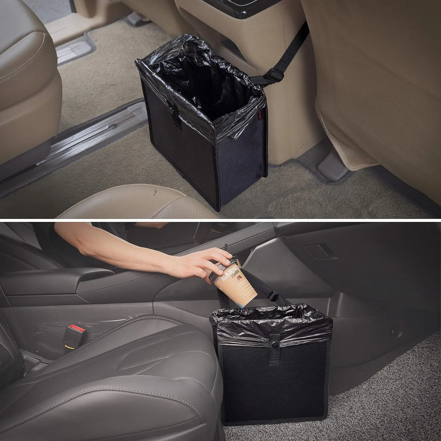 KMMOTORS Jopps Premium Car Trash Can  Foldable Bin with Strap, PU Leather & Oxford, Waterproof, Space-Saving, Simple Modern Design, Mounts on Headrest, Console, Gear Shift (Large, Beige)