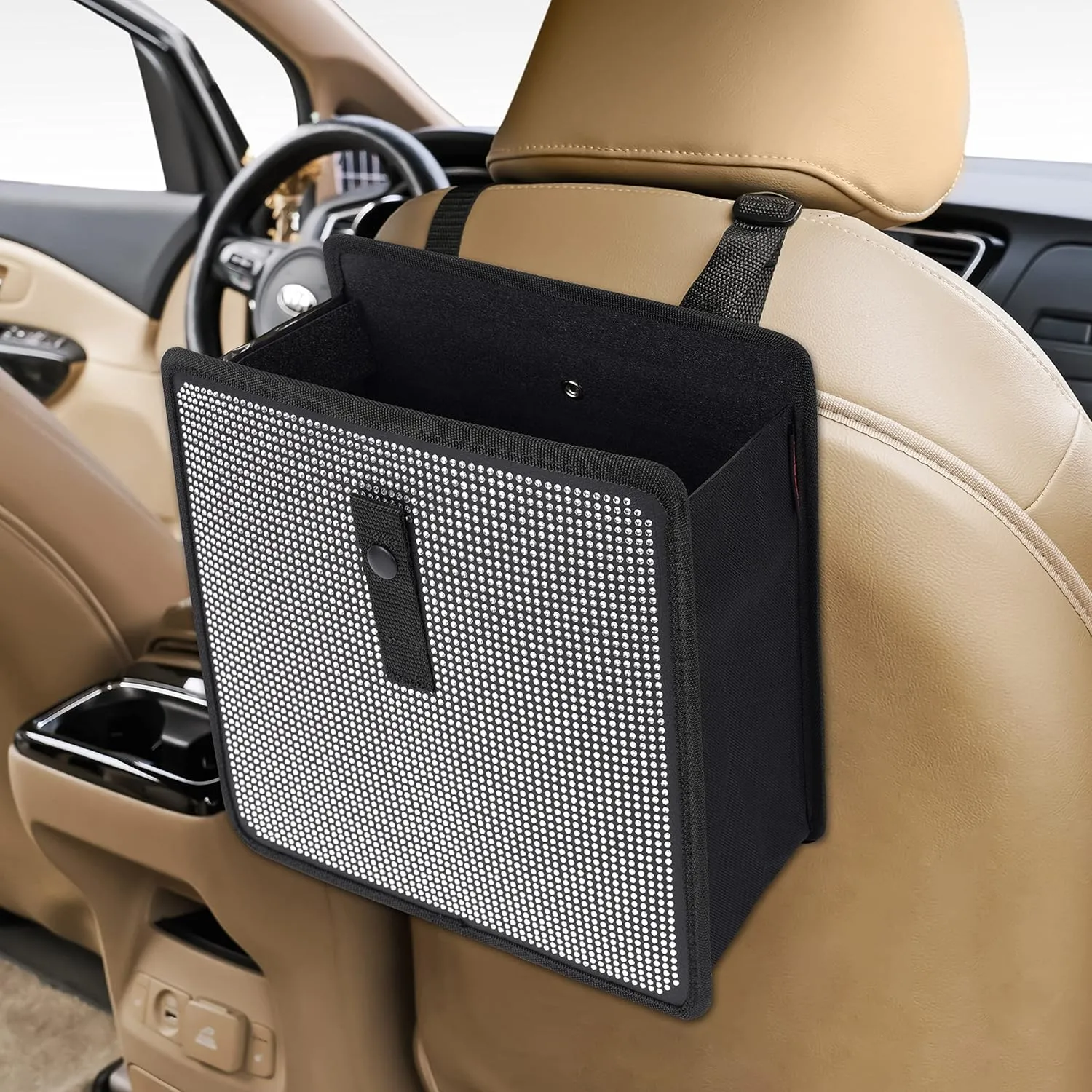 KMMOTORS Jopps Premium Diamond Car Trash Can  Luxury Foldable Bin with Strap, PU Leather & Oxford, Waterproof, Bling Crystal Design for Stylish Interiors (Large, Diamond Black)