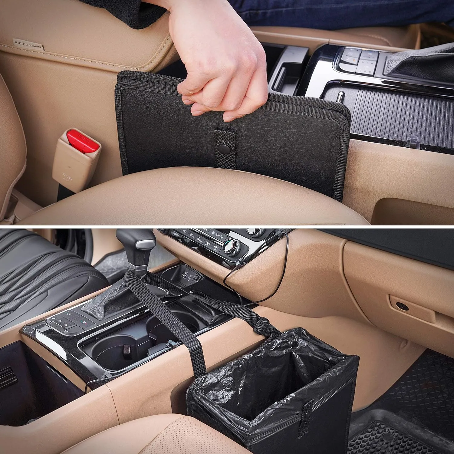 KMMOTORS Jopps Premium Diamond Car Trash Can  Luxury Foldable Bin with Strap, PU Leather & Oxford, Waterproof, Bling Crystal Design for Stylish Interiors (Large, Diamond Black)