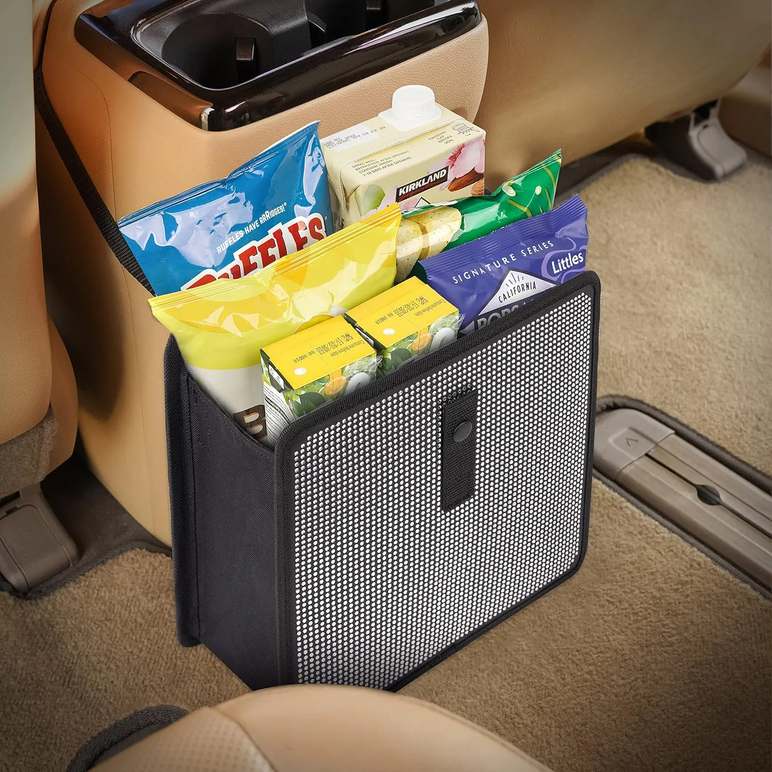 KMMOTORS Jopps Premium Diamond Car Trash Can  Luxury Foldable Bin with Strap, PU Leather & Oxford, Waterproof, Bling Crystal Design for Stylish Interiors (Large, Diamond Black)