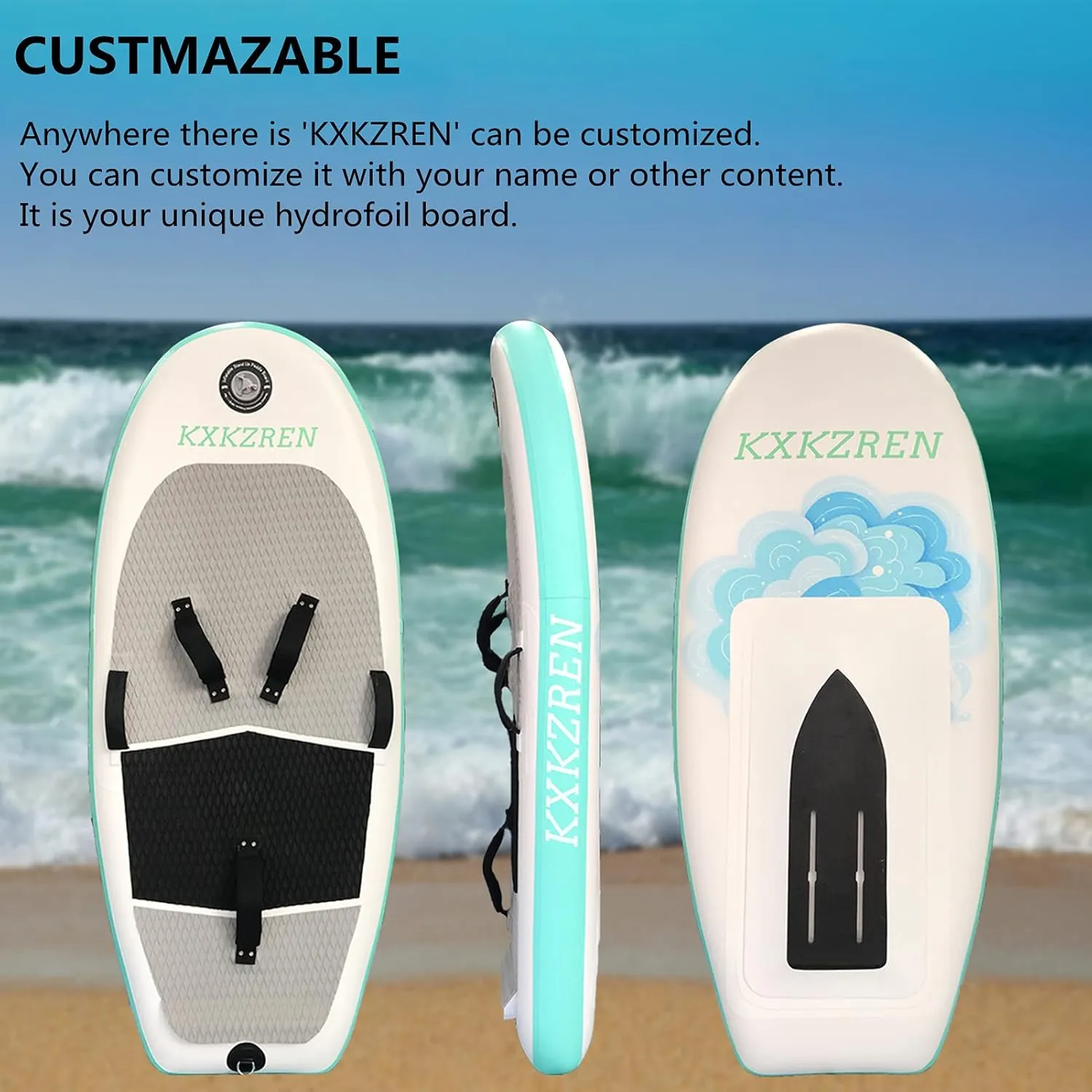 KXKZREN Inflatable Hydrofoil Board 5ft with Carbon Fiber Base, Customizable Name Text, Stand Up Paddle Board with Non-Slip Deck, Backpack, Waterproof Bag, Leash, Hand Pump