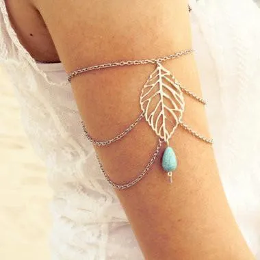 Stylish minimalist vintage hollow leaves foliage turquoise arm chain
