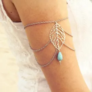 Stylish minimalist vintage hollow leaves foliage turquoise arm chain