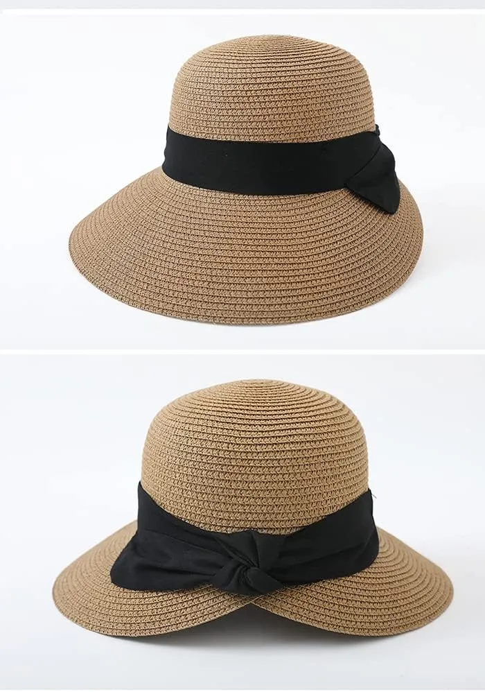 Summer Beach Sun Straw Hats for Women Wide Brim Packable Travel Bucket Hats UPF 50 