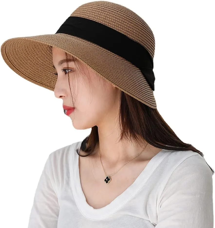 Summer Beach Sun Straw Hats for Women Wide Brim Packable Travel Bucket Hats UPF 50 