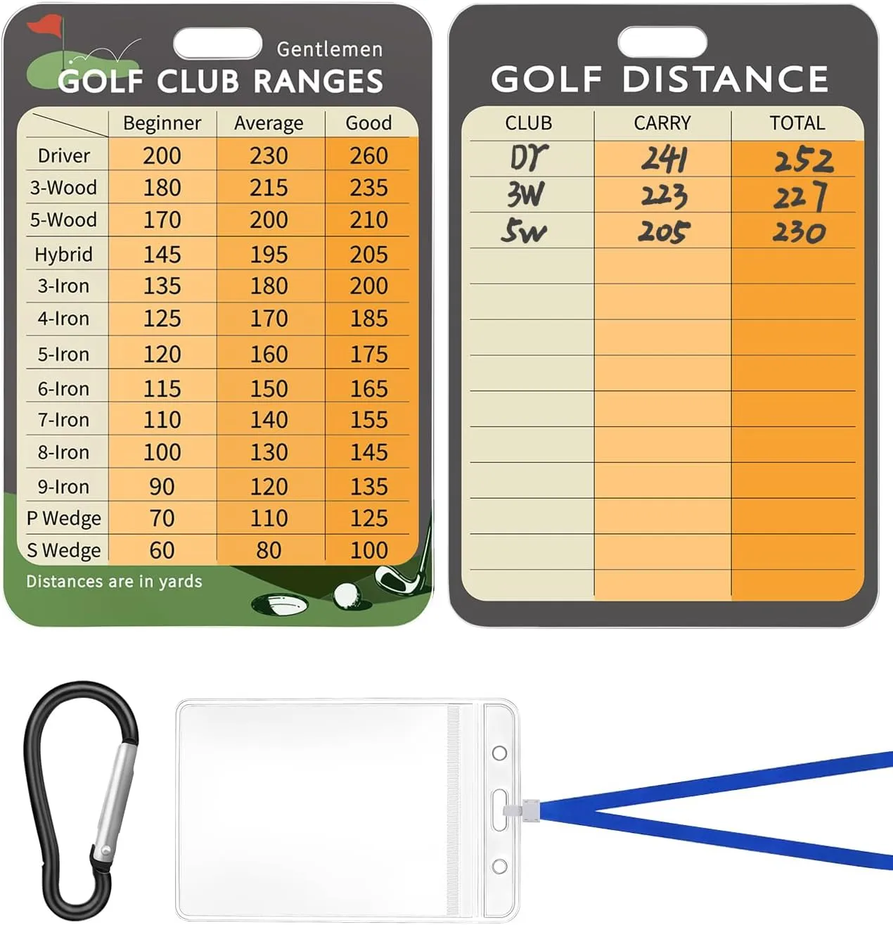 Swooflia 2 Pcs Golf Club Range Chart Card - Swing Minder Golf Reference Card of Bag Accessories & Blank Distance Yardage Scorecard Set, Funny Present for Golfers